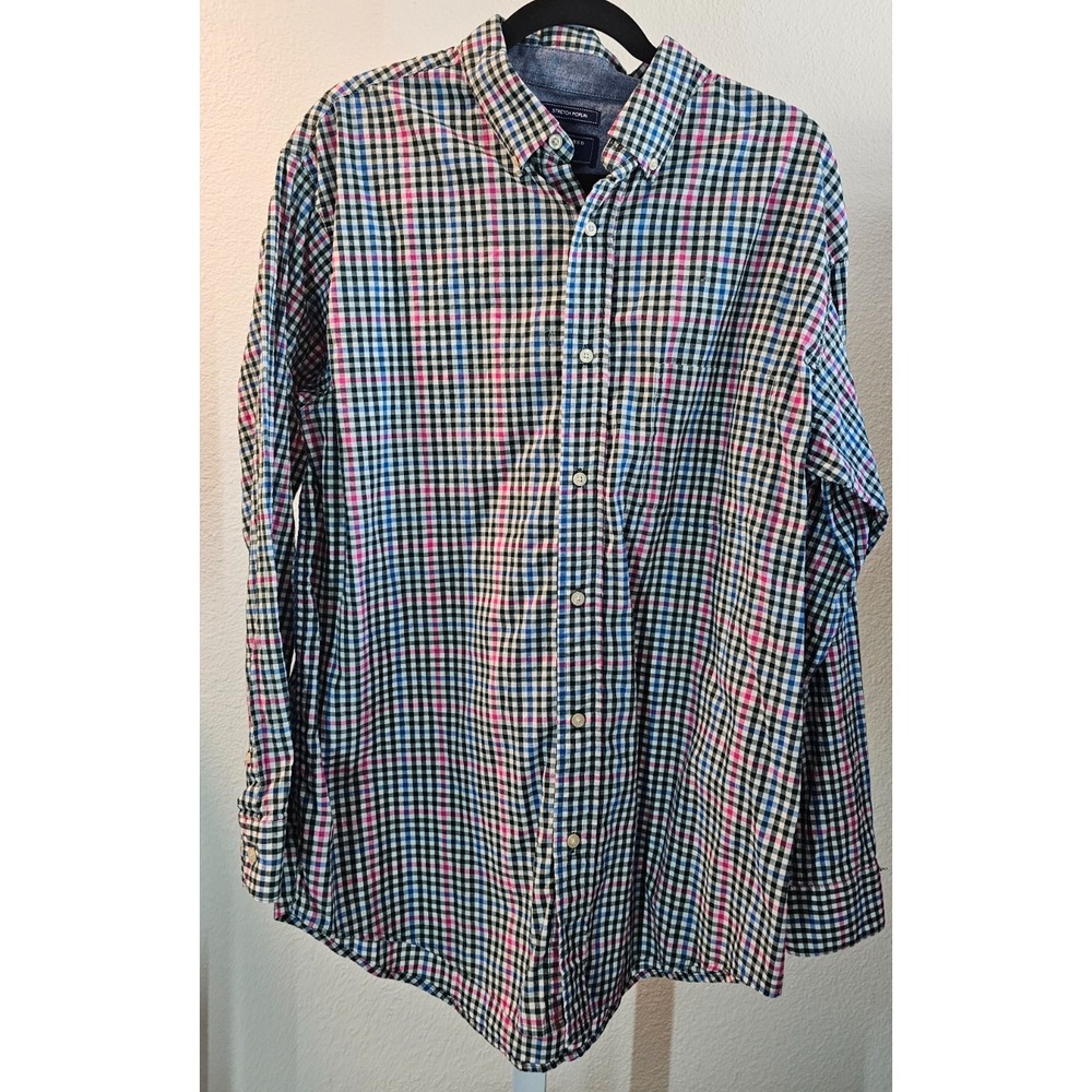 Saddlebred Men's Long Sleeve Dress Shirt L Stretch Poplin Red & Blue Plaid EUC